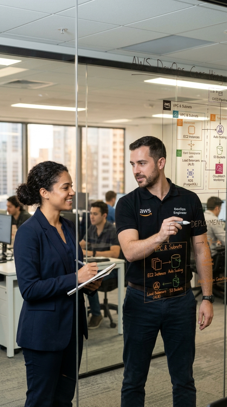 Two colleagues meeting at a whiteboard