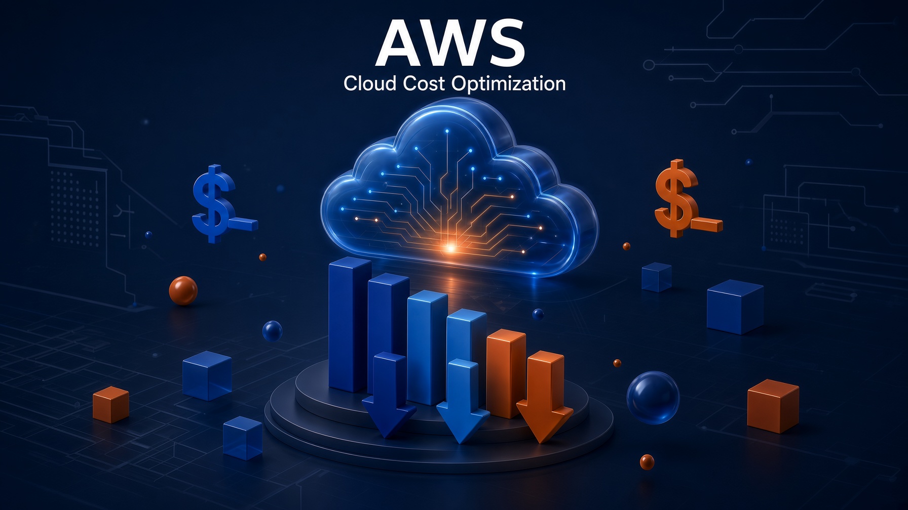 Cloud above a falling spend chart with dollar signs and monthly savings