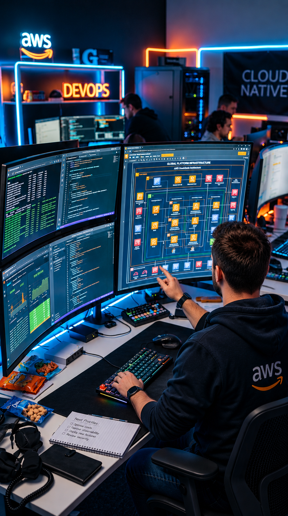Monitor in a server room with a dashboard showing all services healthy
