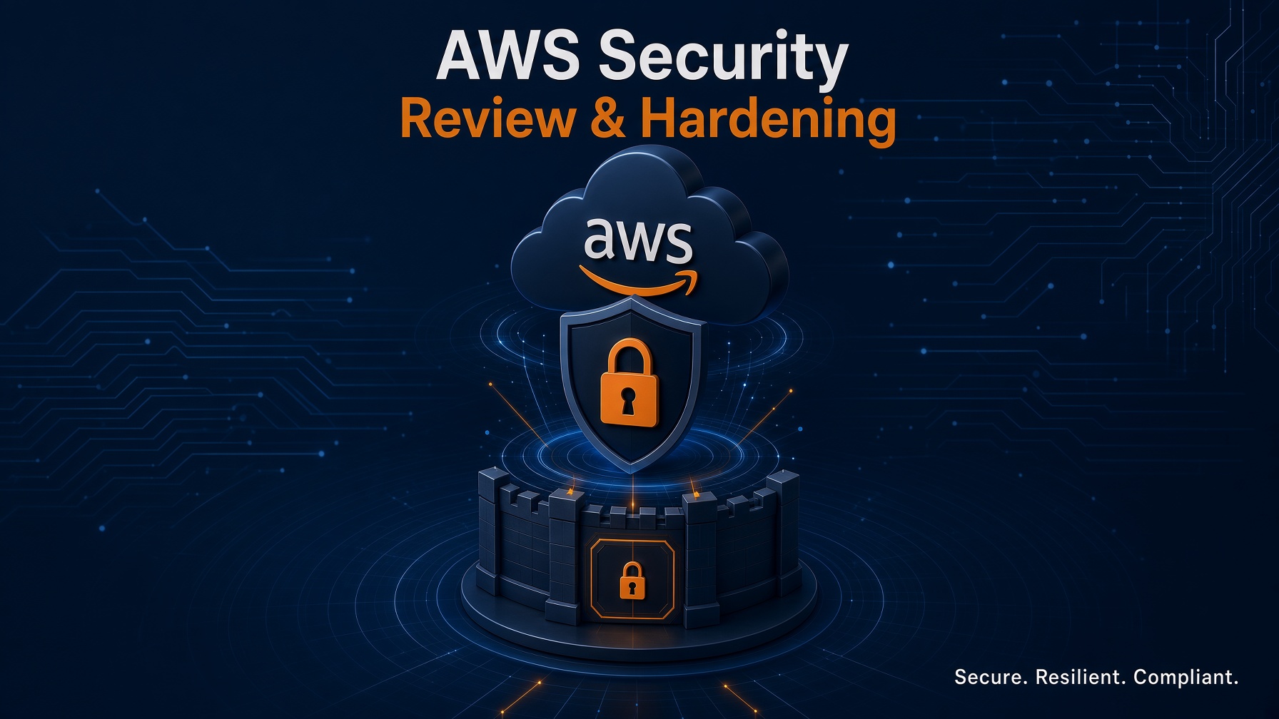 AWS cloud guarded by a locked shield on a fortress
